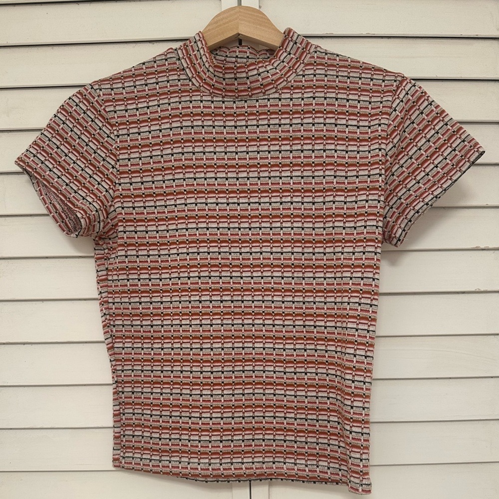 Kendall & Kylie Short Sleeve Mock Neck Top in Coral, Cream & Black Stripe